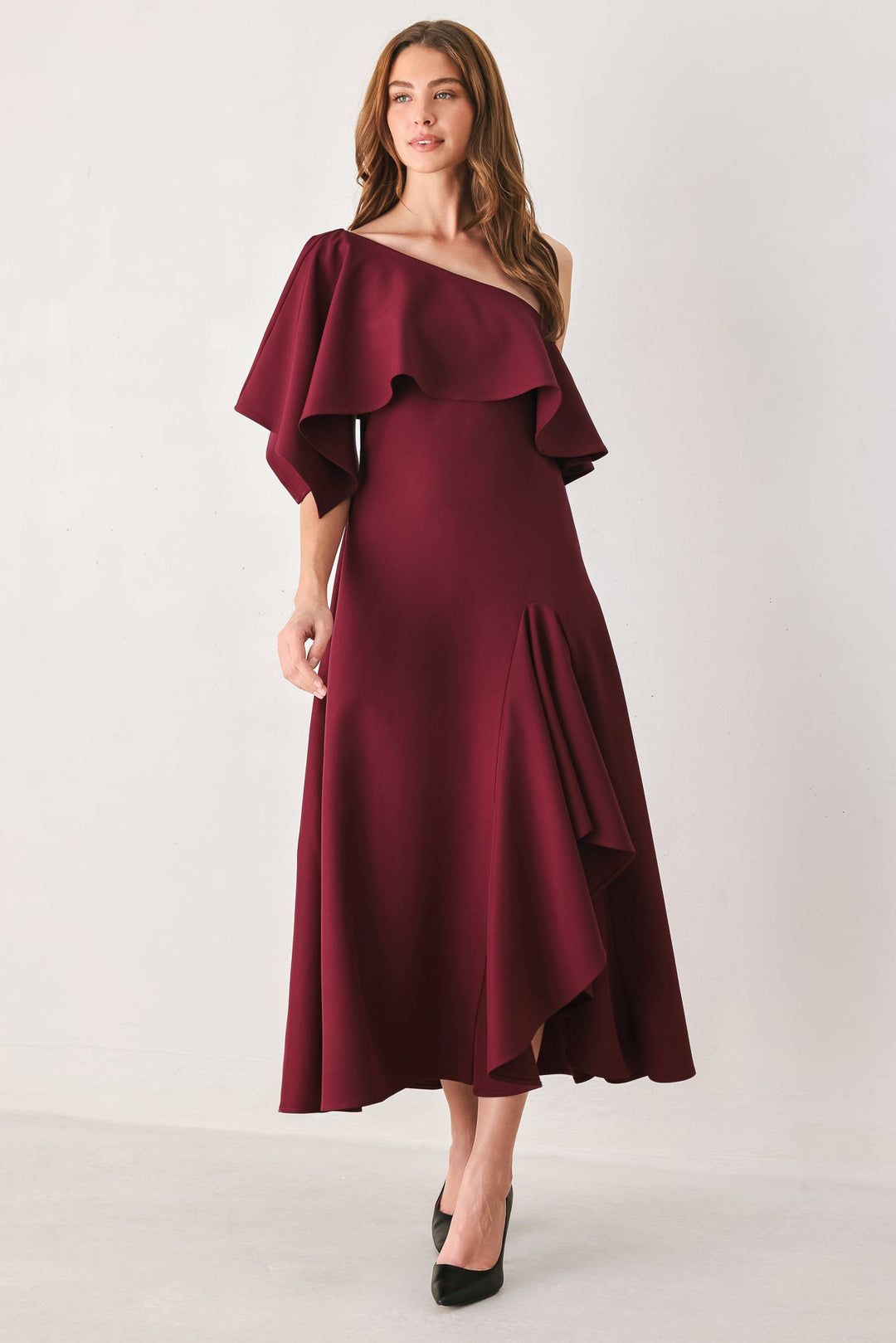 WINE CASCADE BURGUNDY ONE-SHOULDER RUFFLE MIDI DRESS