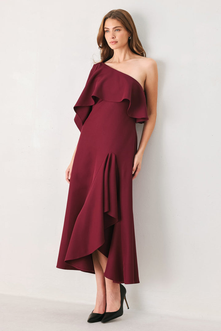 WINE CASCADE BURGUNDY ONE-SHOULDER RUFFLE MIDI DRESS
