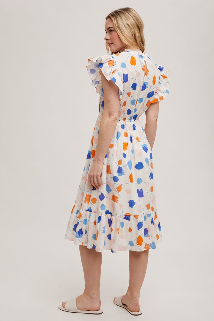 Geo Print Ruffle Sleeve Dress