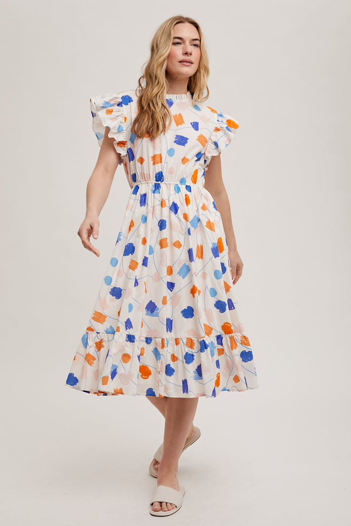 Geo Print Ruffle Sleeve Dress