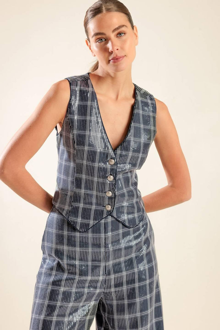 Traveling Far Navy Sequin Vest from KADOU Boutique