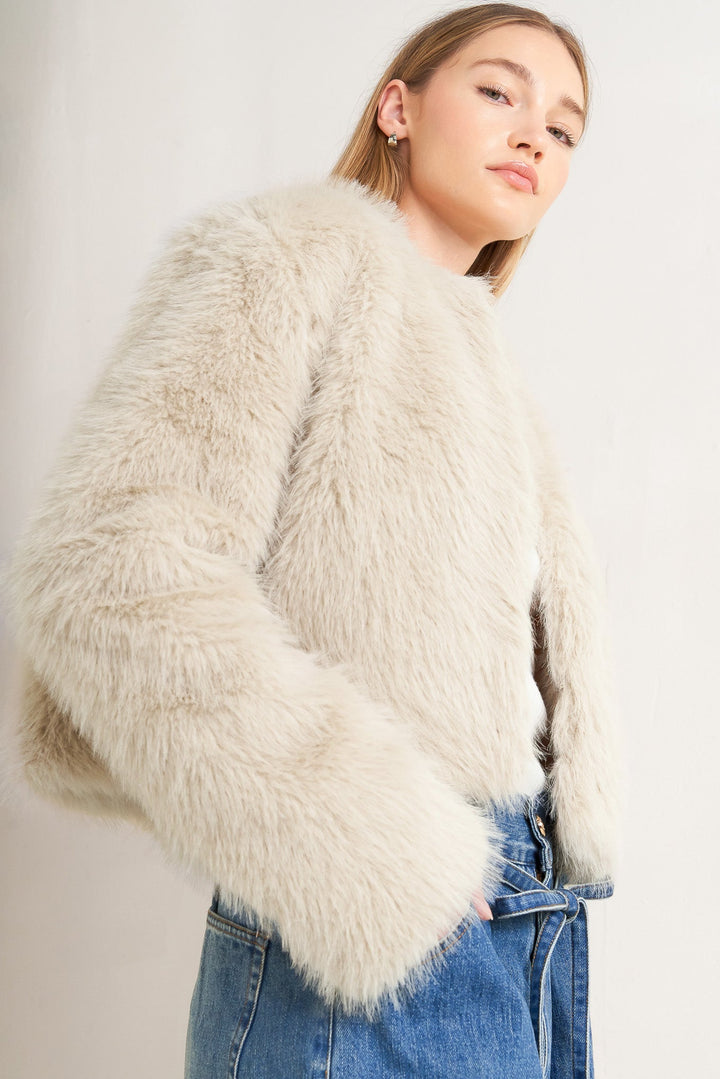PLUSH ESCAPE MOCHA/CREAM FAUX FUR CROPPED JACKET