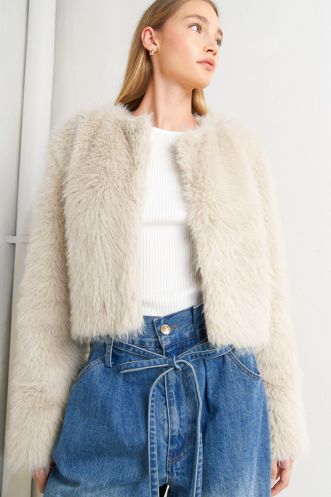 Plush Escape Mocha/cream Faux Fur Cropped Jacket from KADOU Boutique