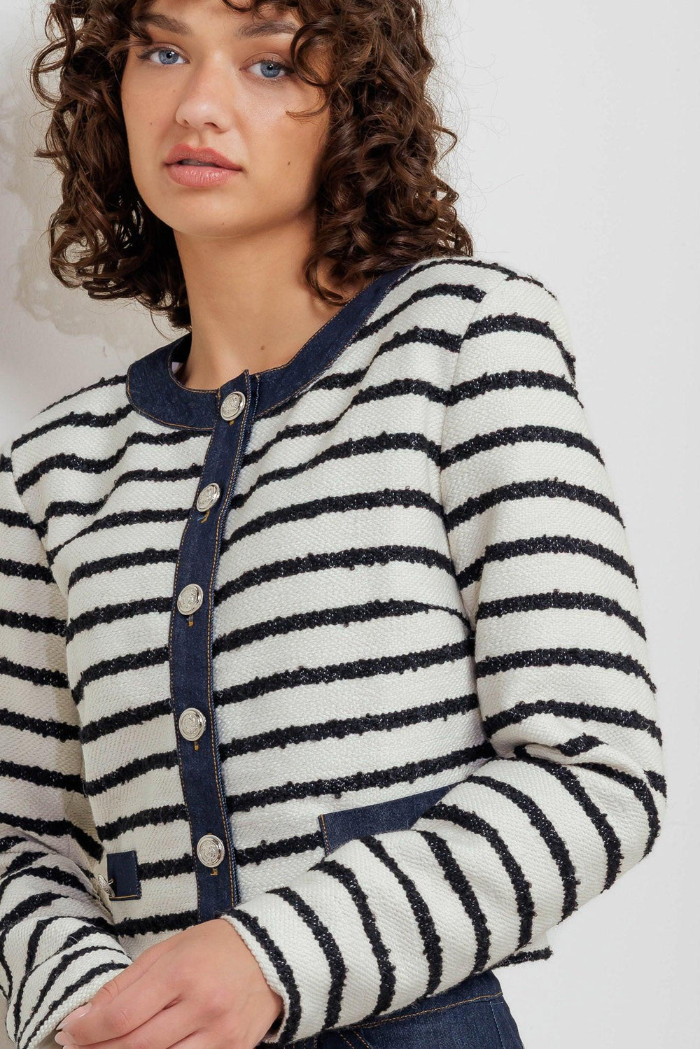 Bonjour Stripe Woven Crop Jacket from KADOU Boutique