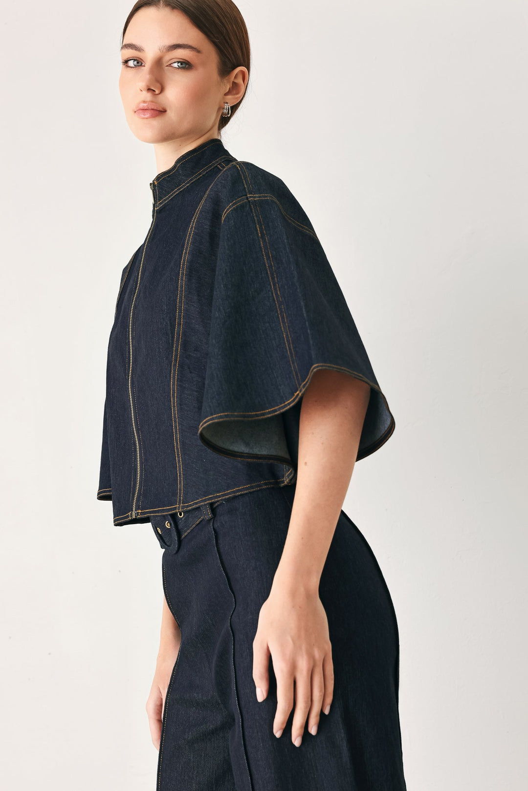 URBAN STITCH WIDE SLEEVE DENIM CAPELET TOP