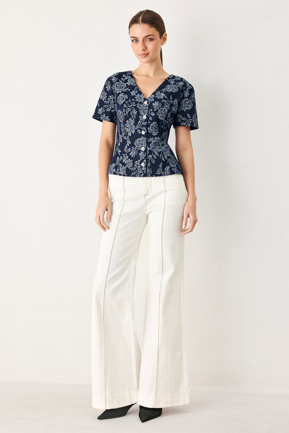 Rosette Floral Woven Jacquard Top from KADOU Boutique