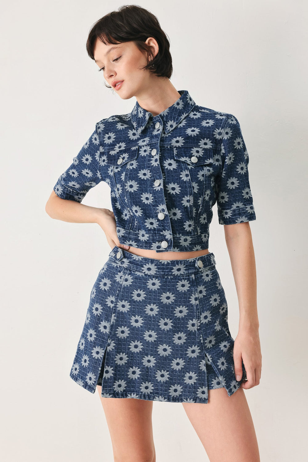 Sweet Daisy Woven Jacquard Denim Jacket from KADOU Boutique