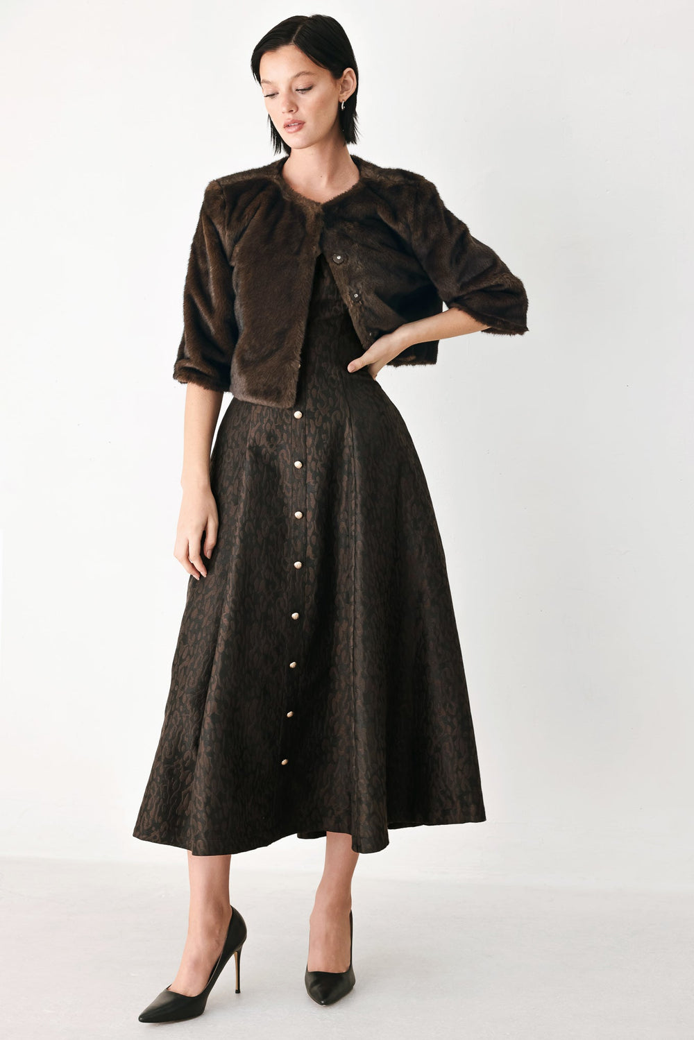 Cocoon Charm Brown Faux Fur Cropped Jacket from KADOU Boutique
