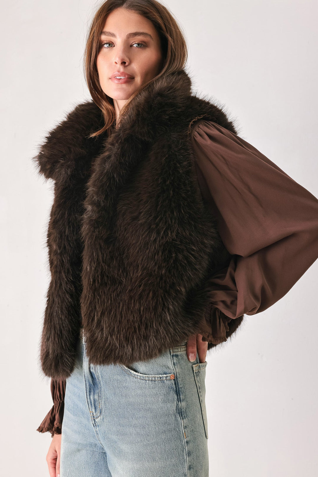 COCOA PLUSH CHOCOLATE BROWN FAUX FUR VEST