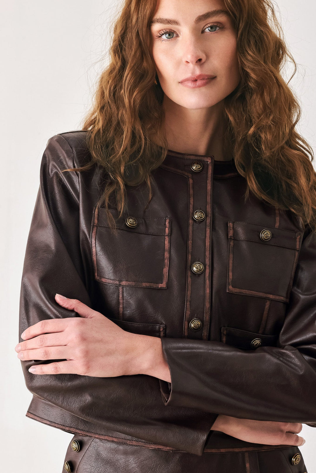 SADDLE STREET BROWN FAUX LEATHER CROPPED JACKET