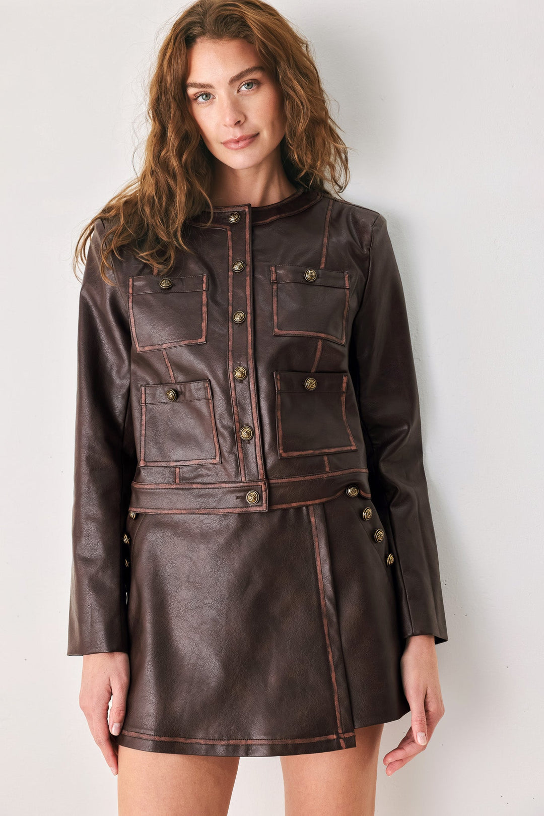 SADDLE STREET BROWN FAUX LEATHER CROPPED JACKET