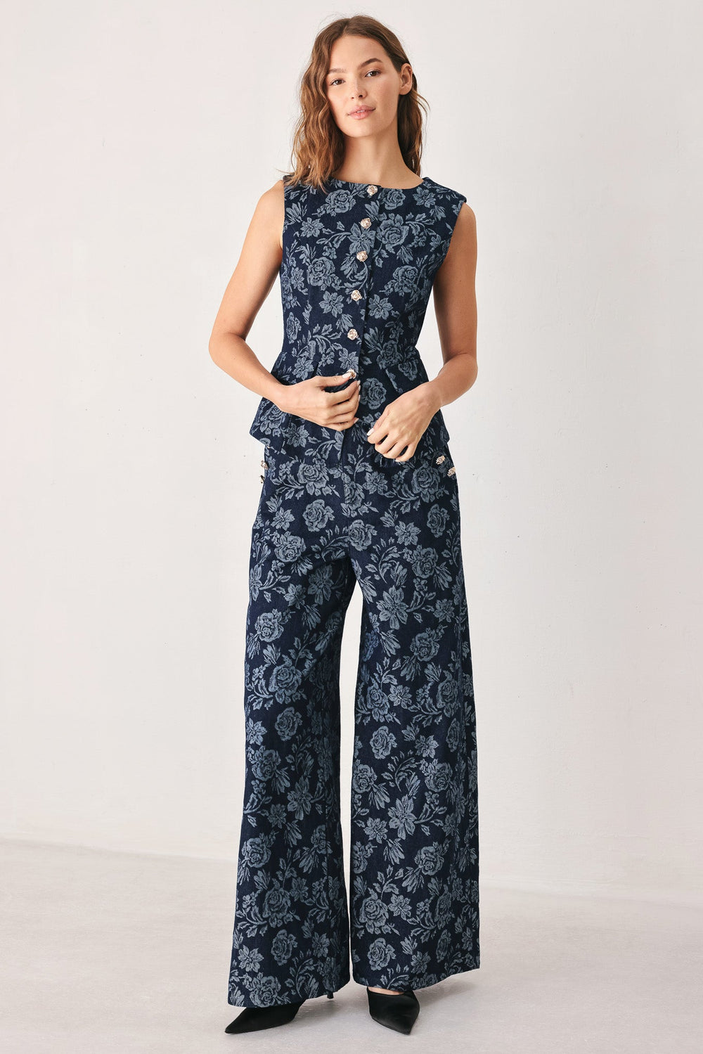 Midnight Rose Jacquard Denim Vest from KADOU Boutique