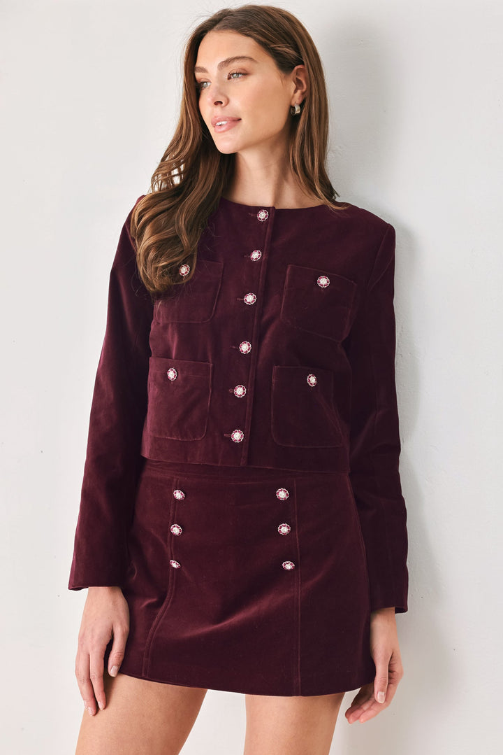 BORDEAUX VELVET BURGUNDY JEWEL-BUTTON CROPPED JACKET