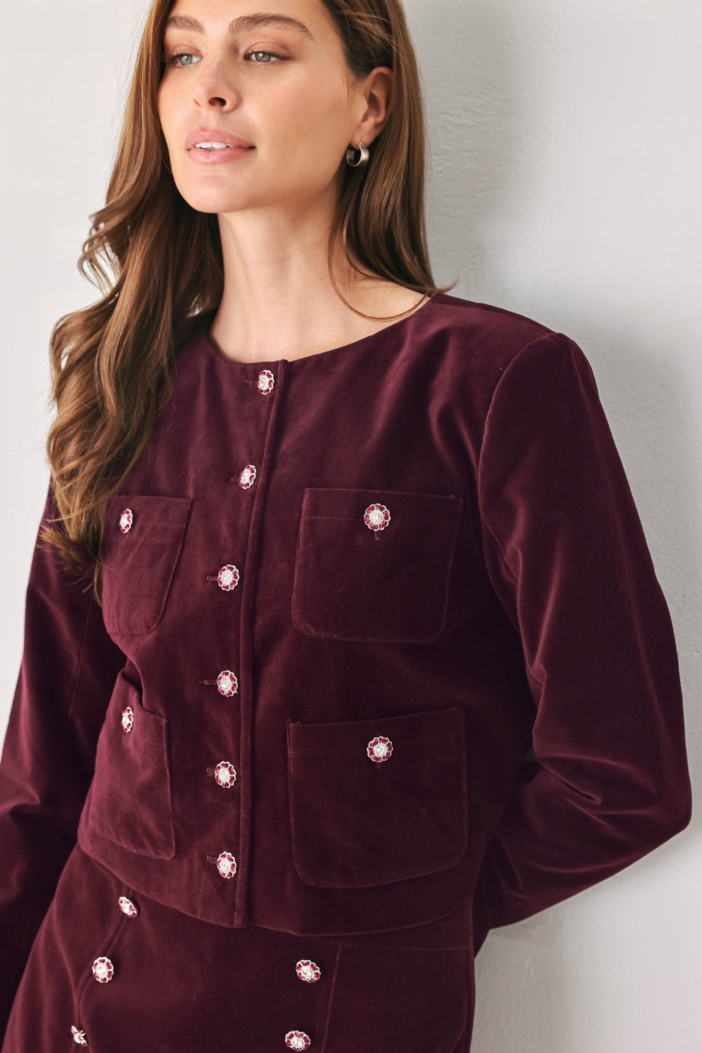 Bordeaux Velvet Burgundy Jewel-Button Cropped Jacket from KADOU Boutique