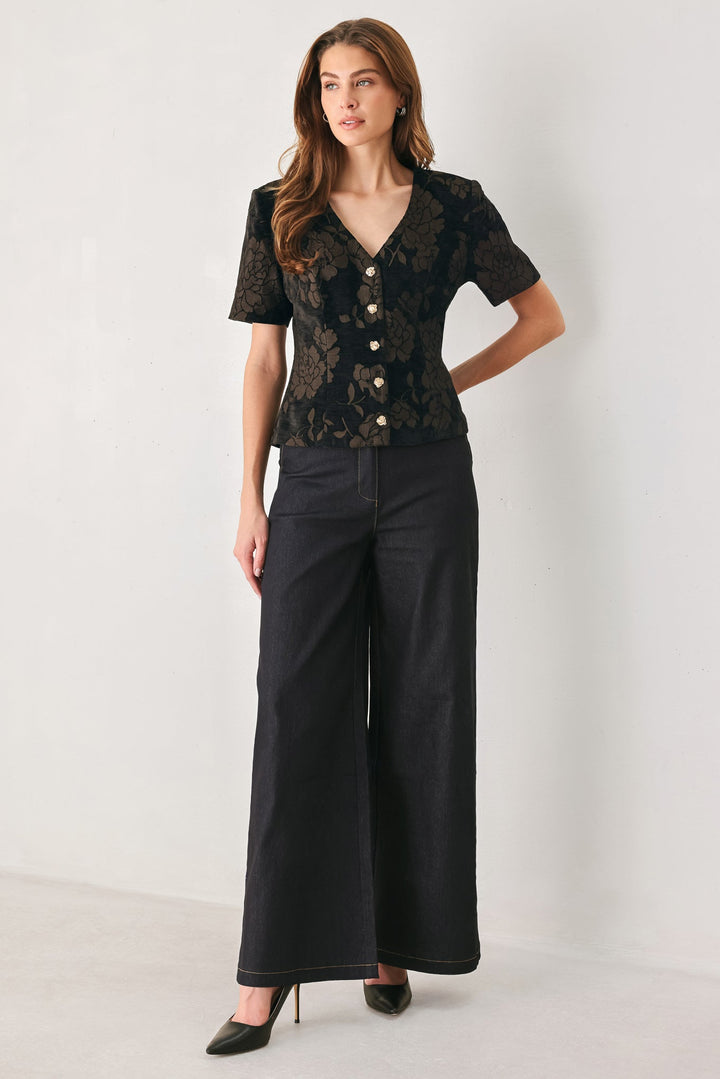 COCOA TAPESTRY BROWN JACQUARD BUTTON-DOWN TOP