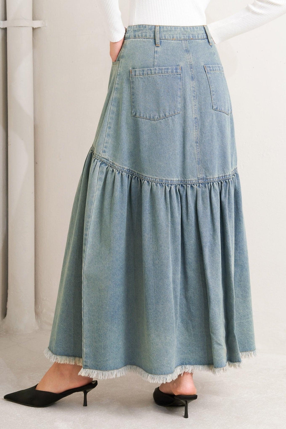 Intricate Charm Denim Midi Skirt from KADOU Boutique
