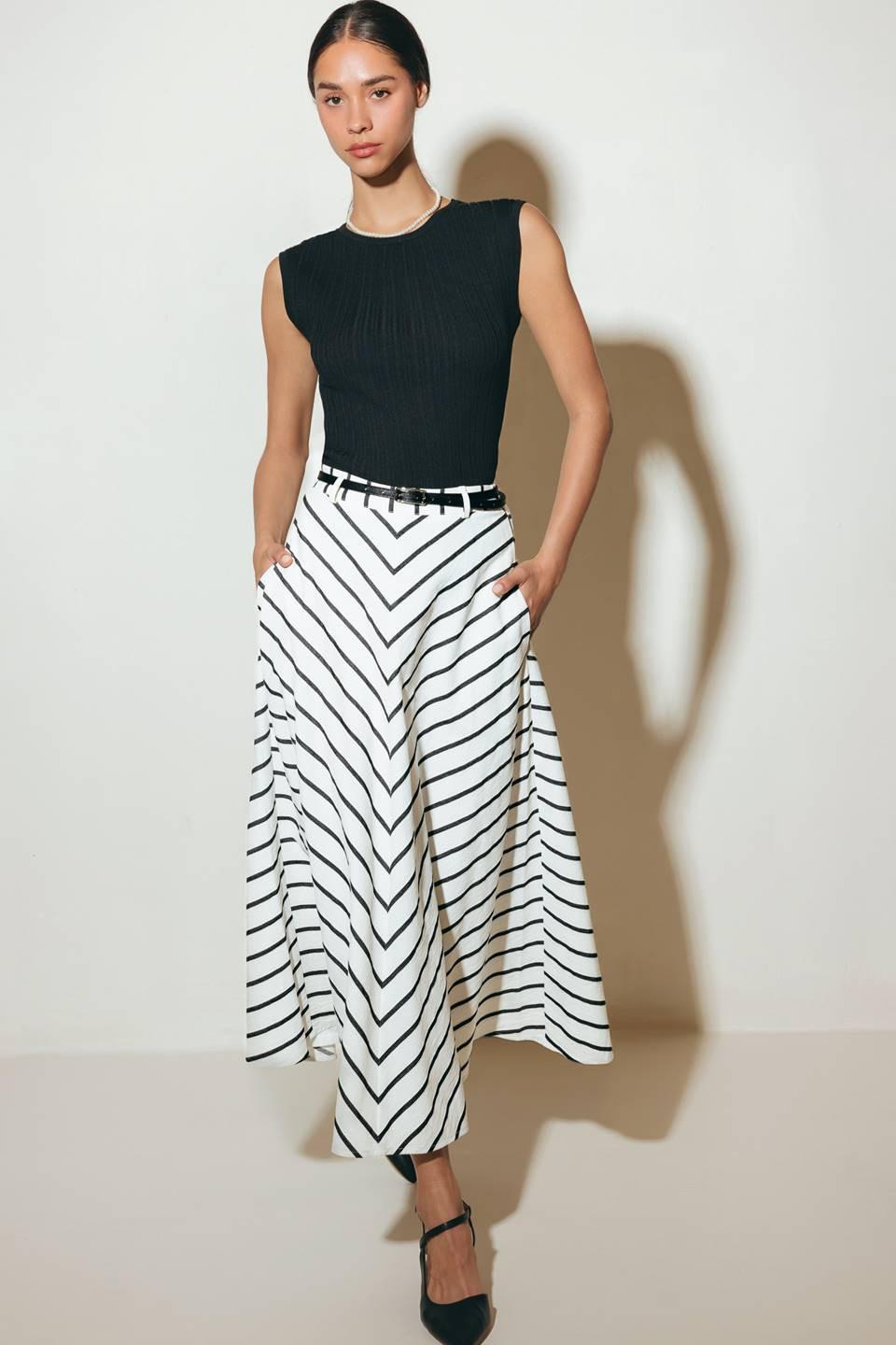 Weekend Vibe Strip Woven Midi Skirt from KADOU Boutique