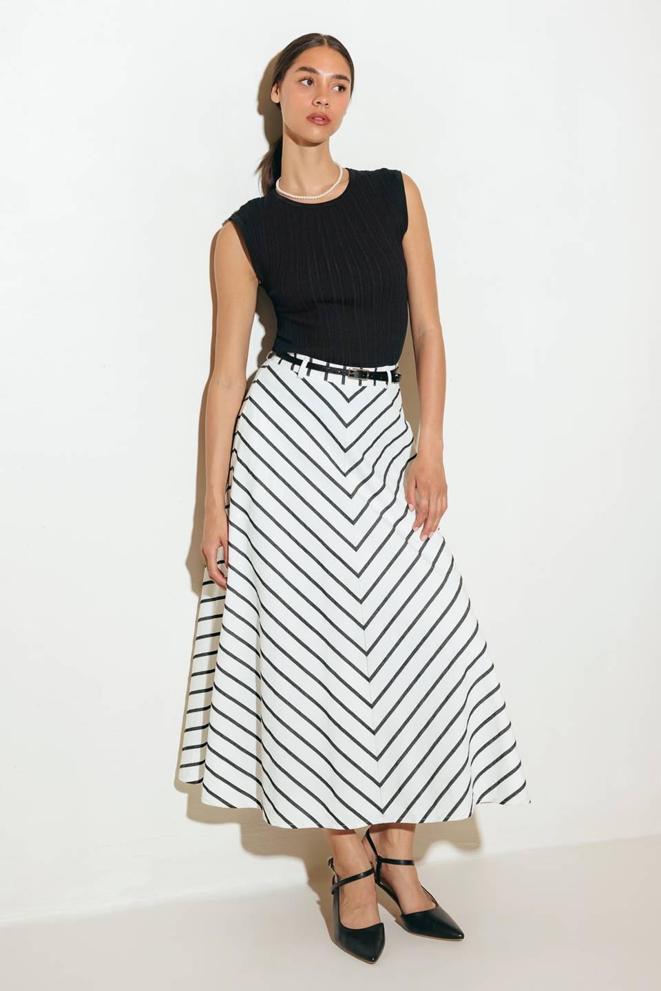Weekend Vibe Strip Woven Midi Skirt from KADOU Boutique
