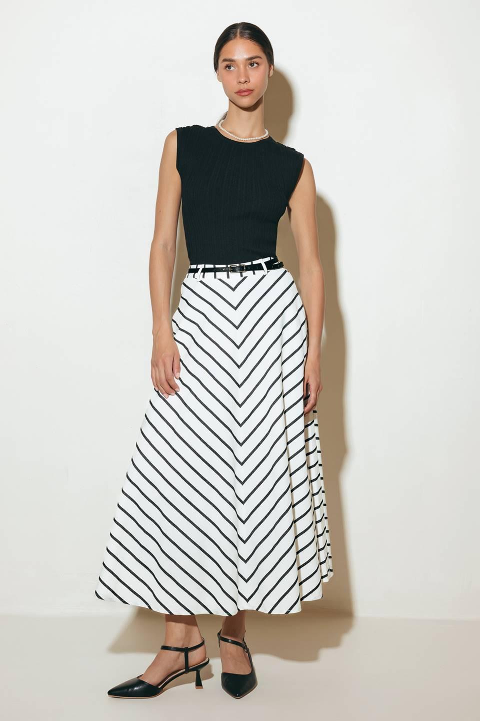 Weekend Vibe Strip Woven Midi Skirt from KADOU Boutique