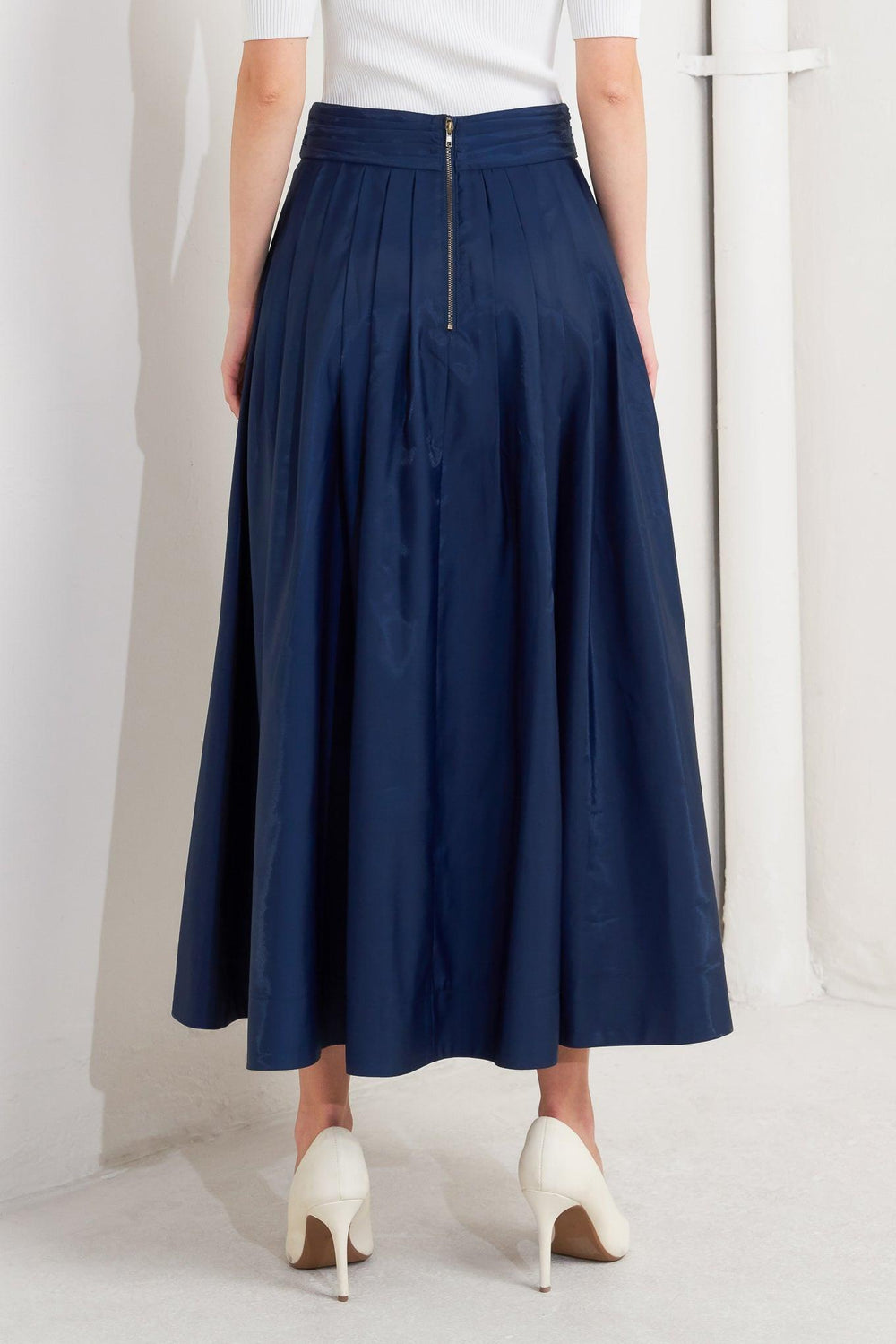 Luxe Flare Woven Pleated Midi Skirt from KADOU Boutique