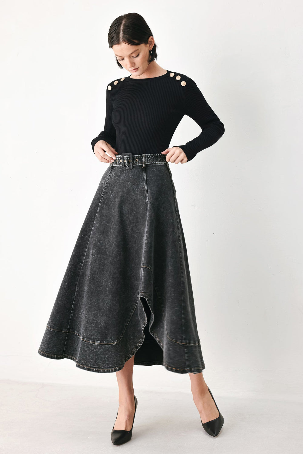 Shadow Stitch Romance Denim Midi Skirt from KADOU Boutique