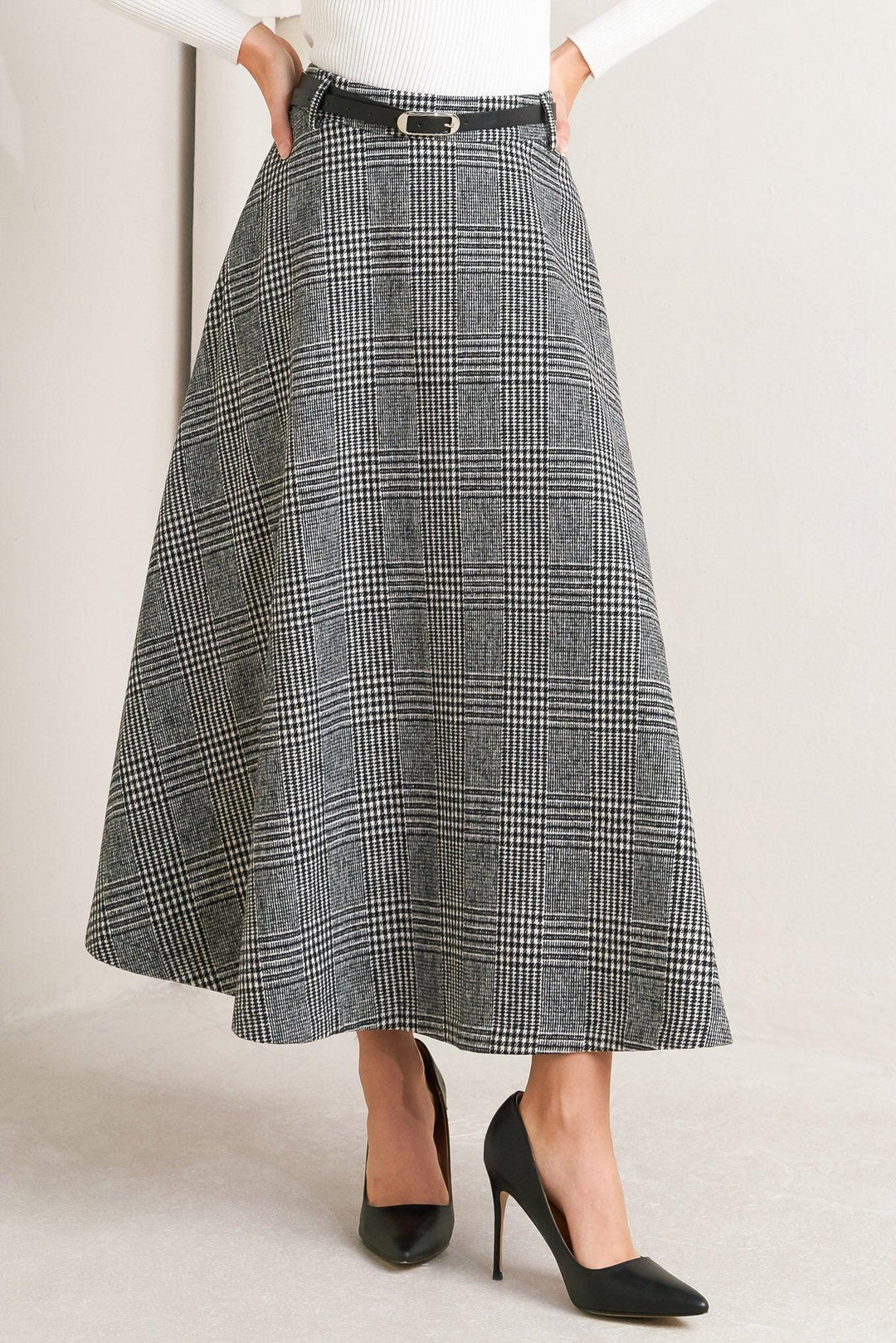 City Checkline Woolen Woven Midi Skirt from KADOU Boutique
