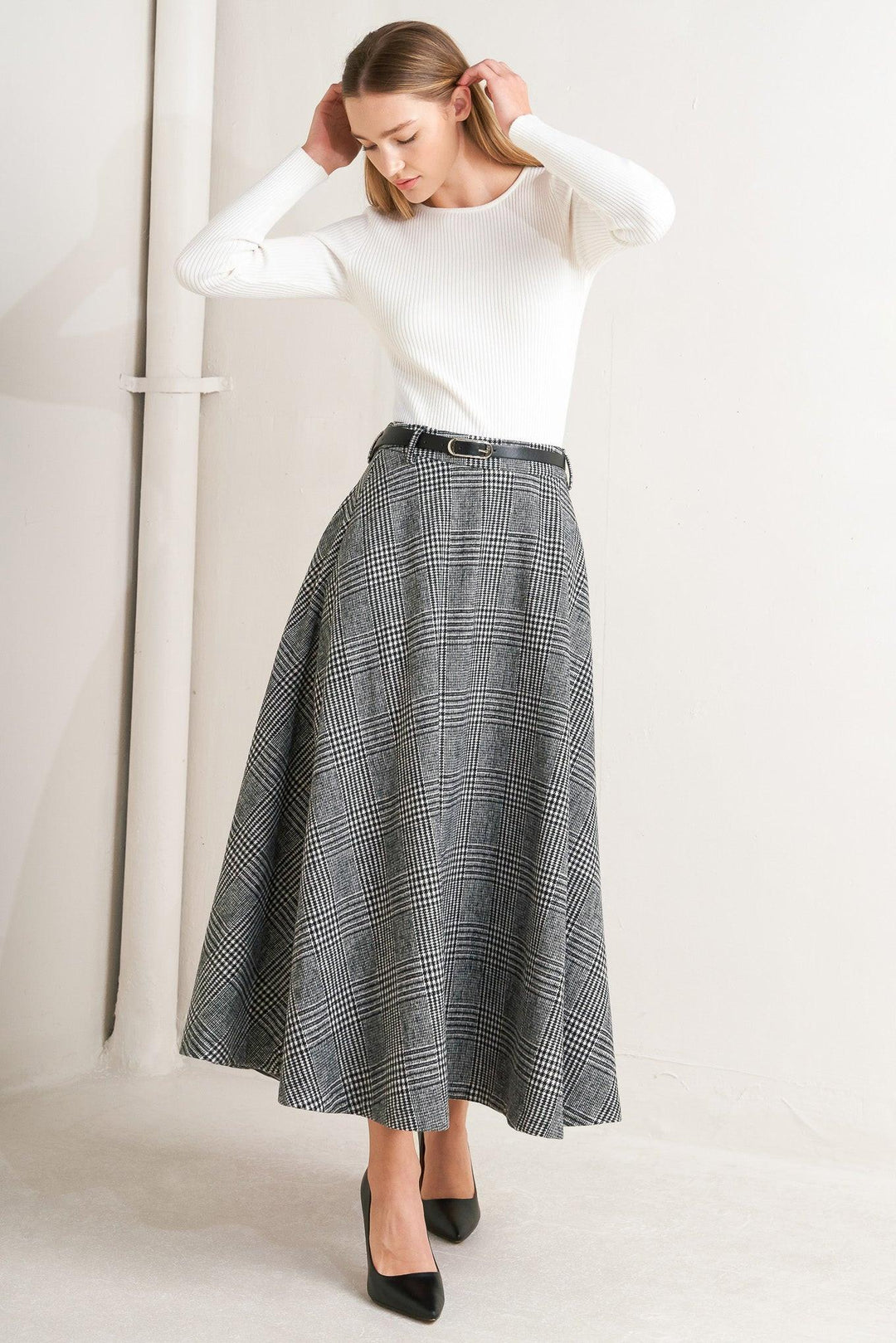 City Checkline Woolen Woven Midi Skirt from KADOU Boutique