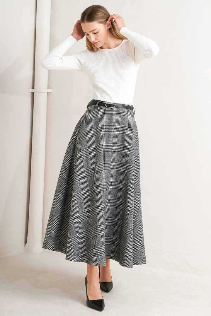 City Checkline Woolen Woven Midi Skirt from KADOU Boutique