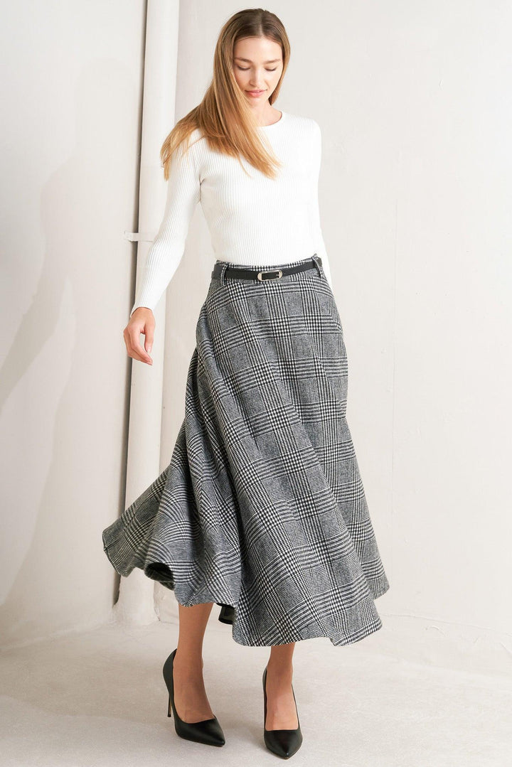 City Checkline Woolen Woven Midi Skirt from KADOU Boutique