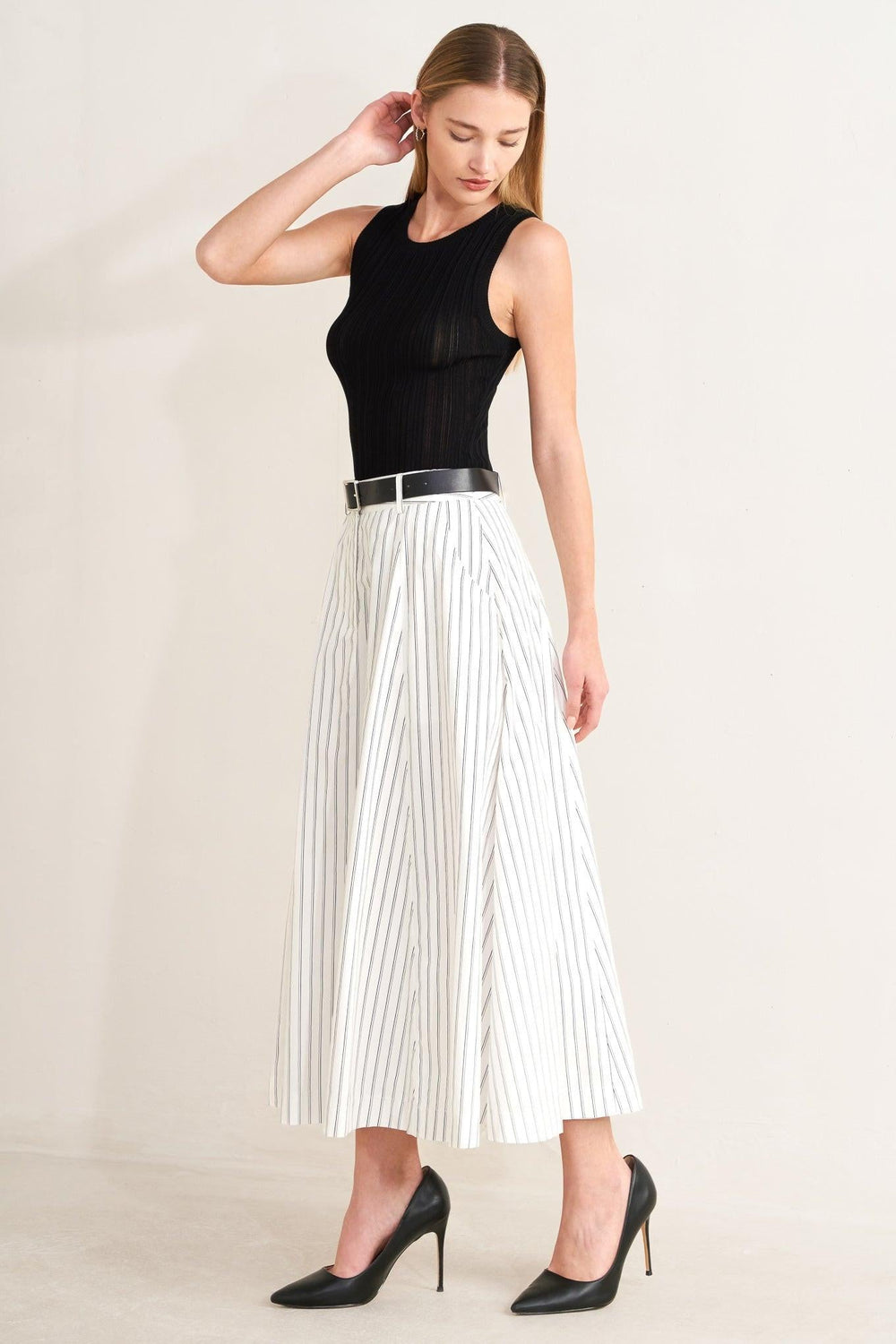 Uptown Stripe Woven Mdi Circle Skirt from KADOU Boutique