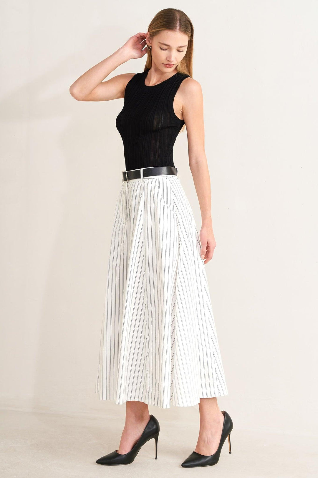 Uptown Stripe Woven Mdi Circle Skirt from KADOU Boutique