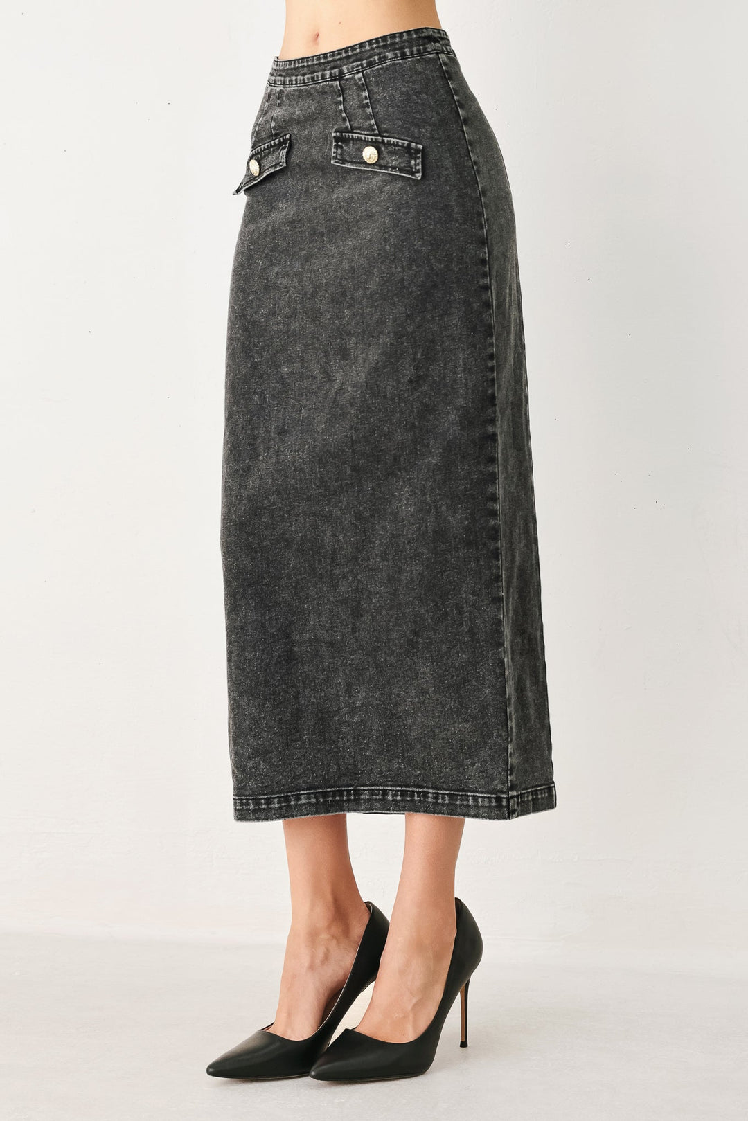 STONEWASHED DENIM MIDI PENCIL SKIRT