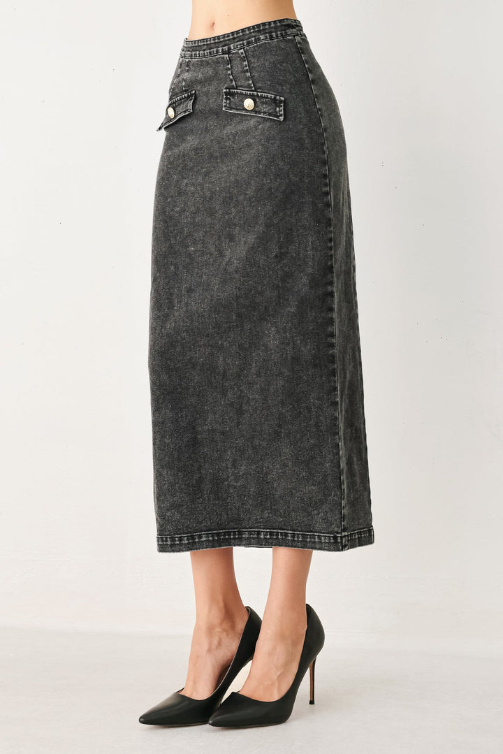 STONEWASHED DENIM MIDI PENCIL SKIRT
