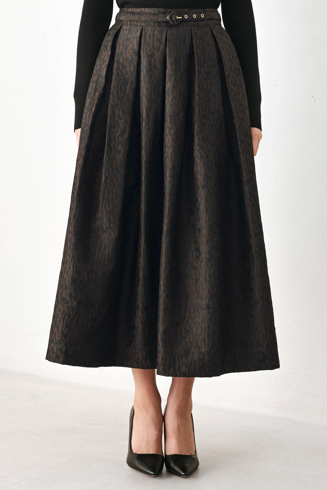 Autumn Elegance Brown Textured Belted Midi Skirt from KADOU Boutique
