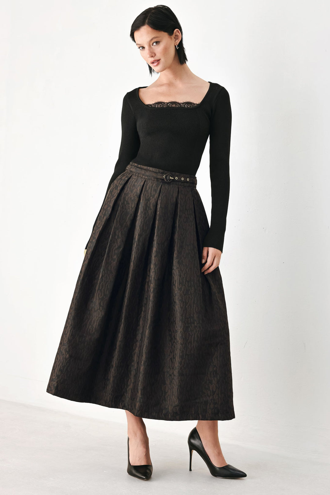 Autumn Elegance Brown Textured Belted Midi Skirt from KADOU Boutique