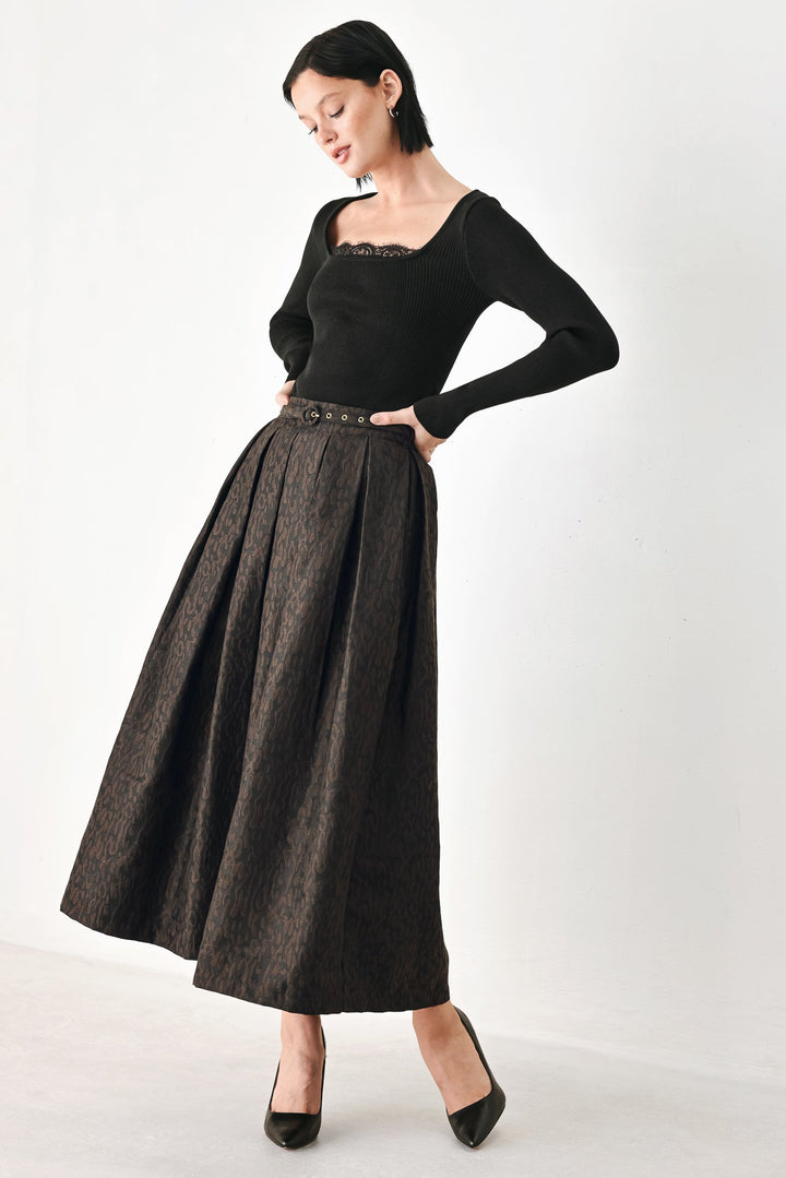 Autumn Elegance Brown Textured Belted Midi Skirt from KADOU Boutique
