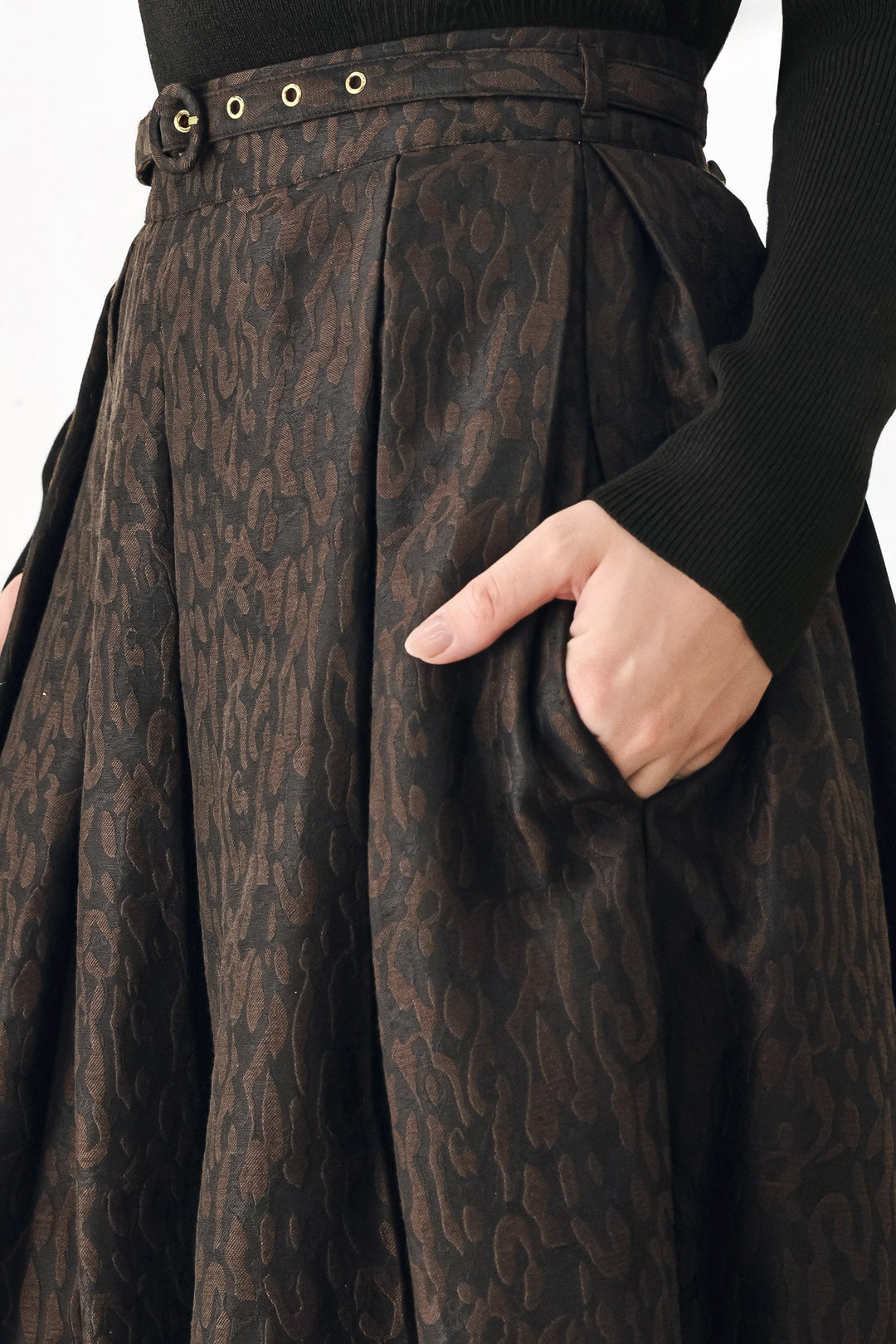 Autumn Elegance Brown Textured Belted Midi Skirt from KADOU Boutique