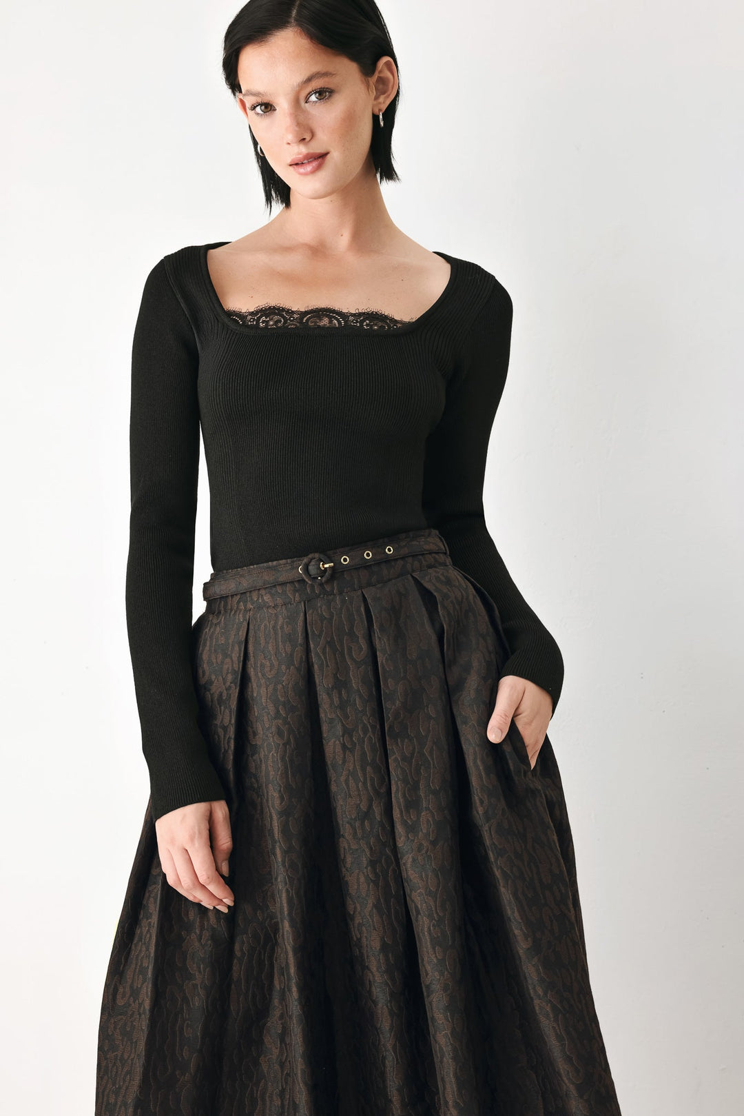 Autumn Elegance Brown Textured Belted Midi Skirt from KADOU Boutique