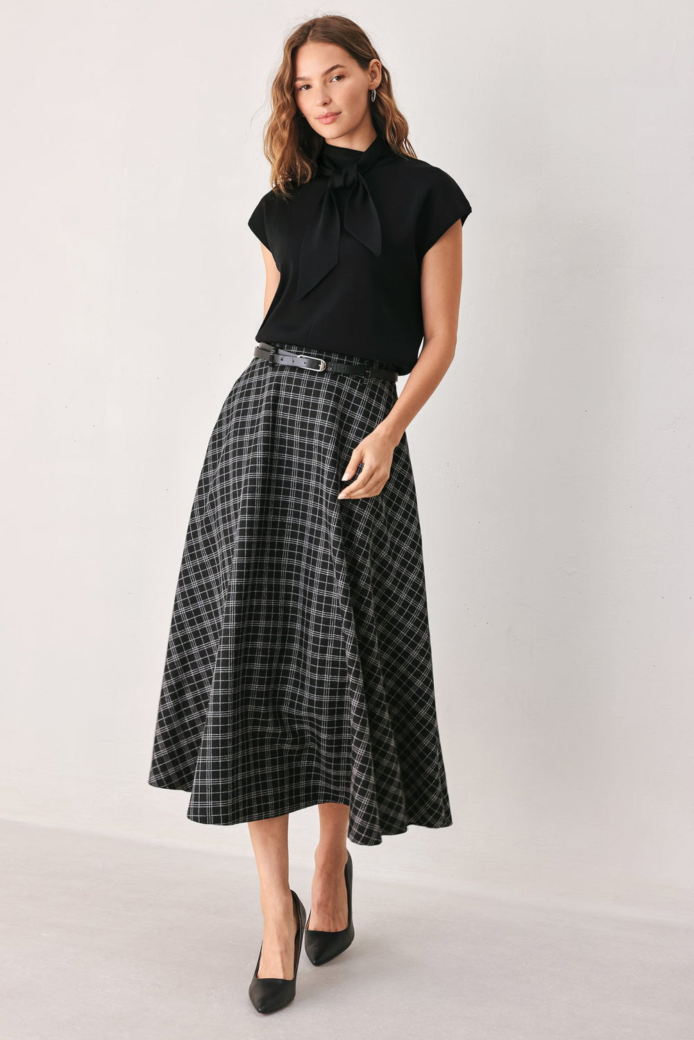 Monochrome Check Full-Sweep Midi Skirt from KADOU Boutique
