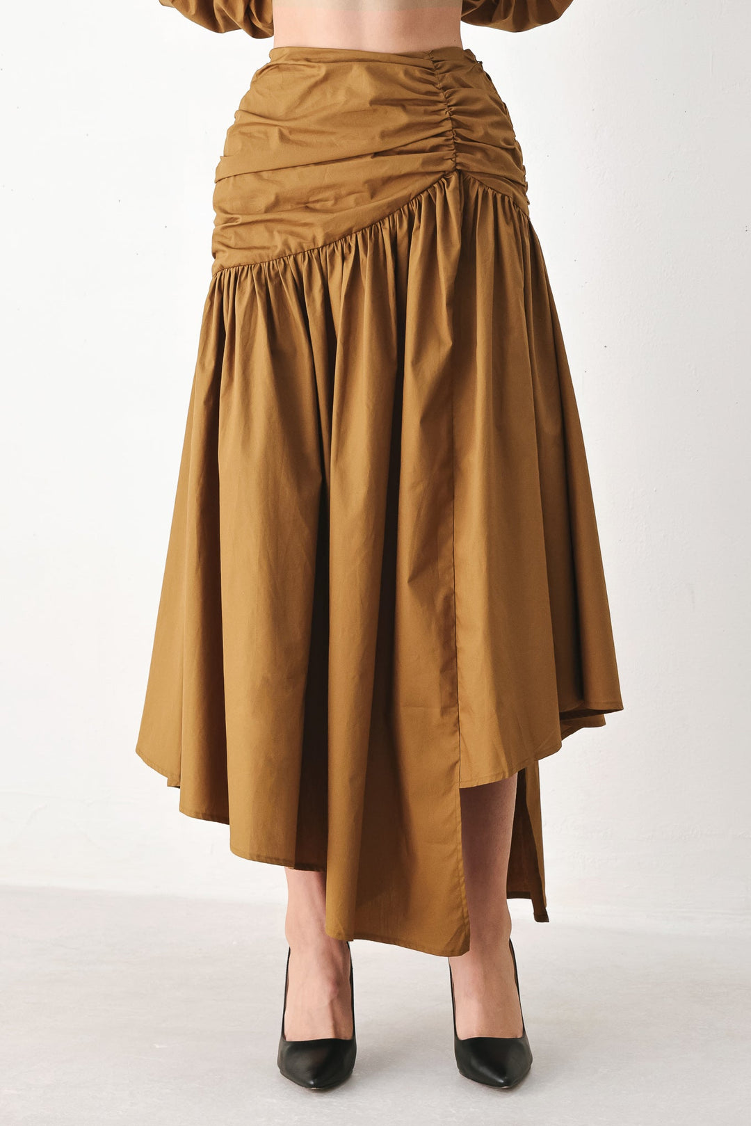 Golden Brown Cascade Woven Midi Skirt from KADOU Boutique