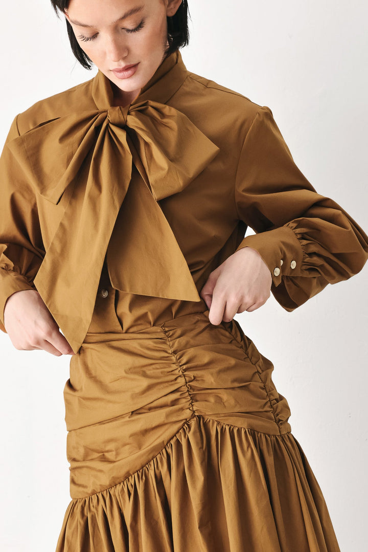 Golden Brown Cascade Woven Midi Skirt from KADOU Boutique