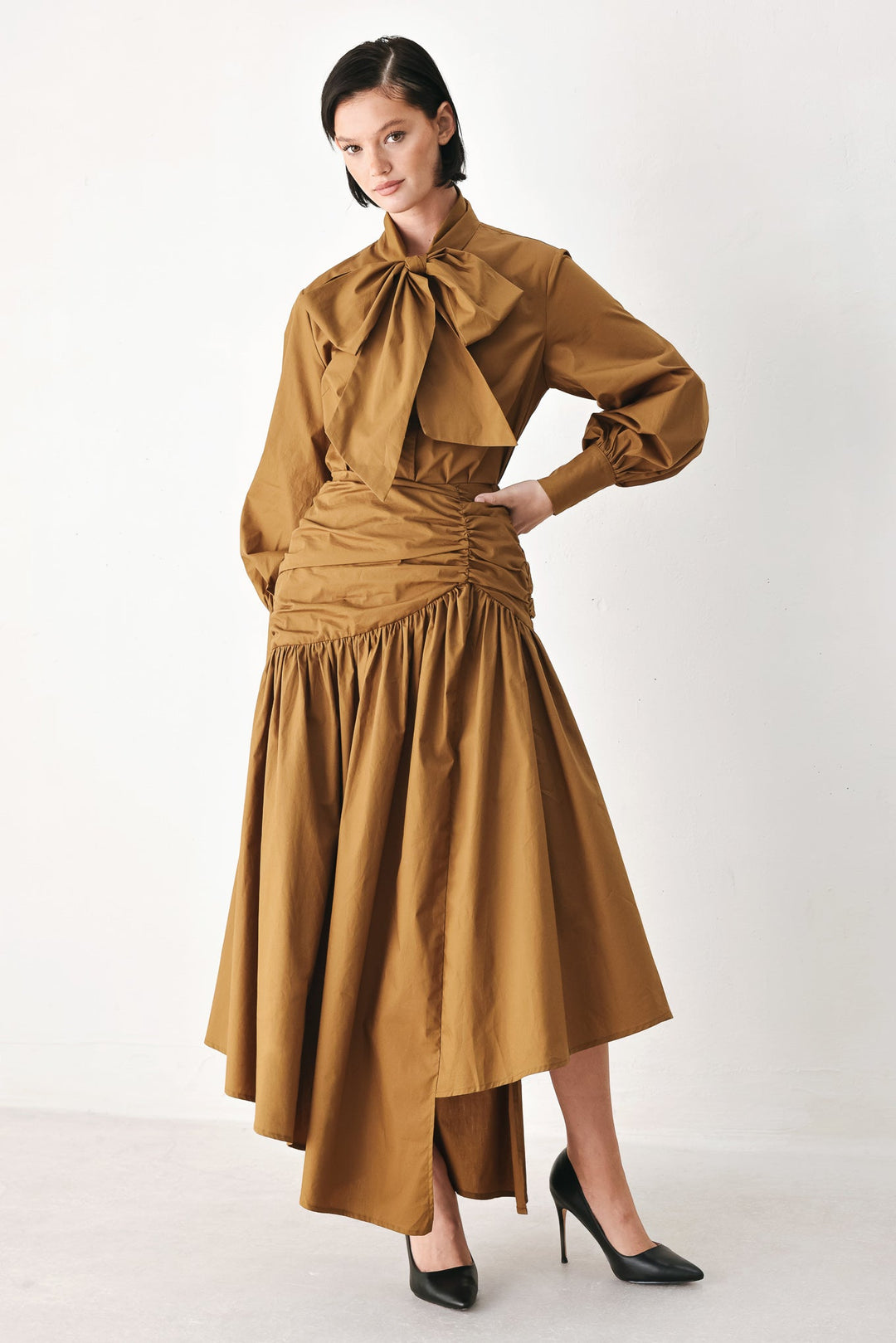 Golden Brown Cascade Woven Midi Skirt from KADOU Boutique