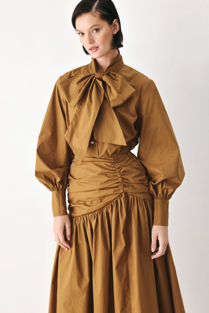 Golden Brown Cascade Woven Midi Skirt from KADOU Boutique