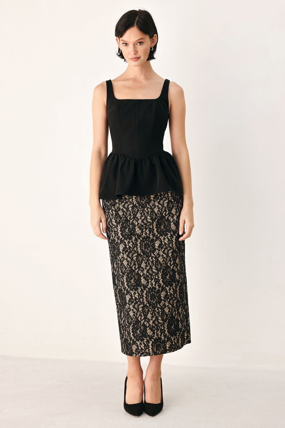 Lace Theory Black Lace Pencil Midi Skirt from KADOU Boutique