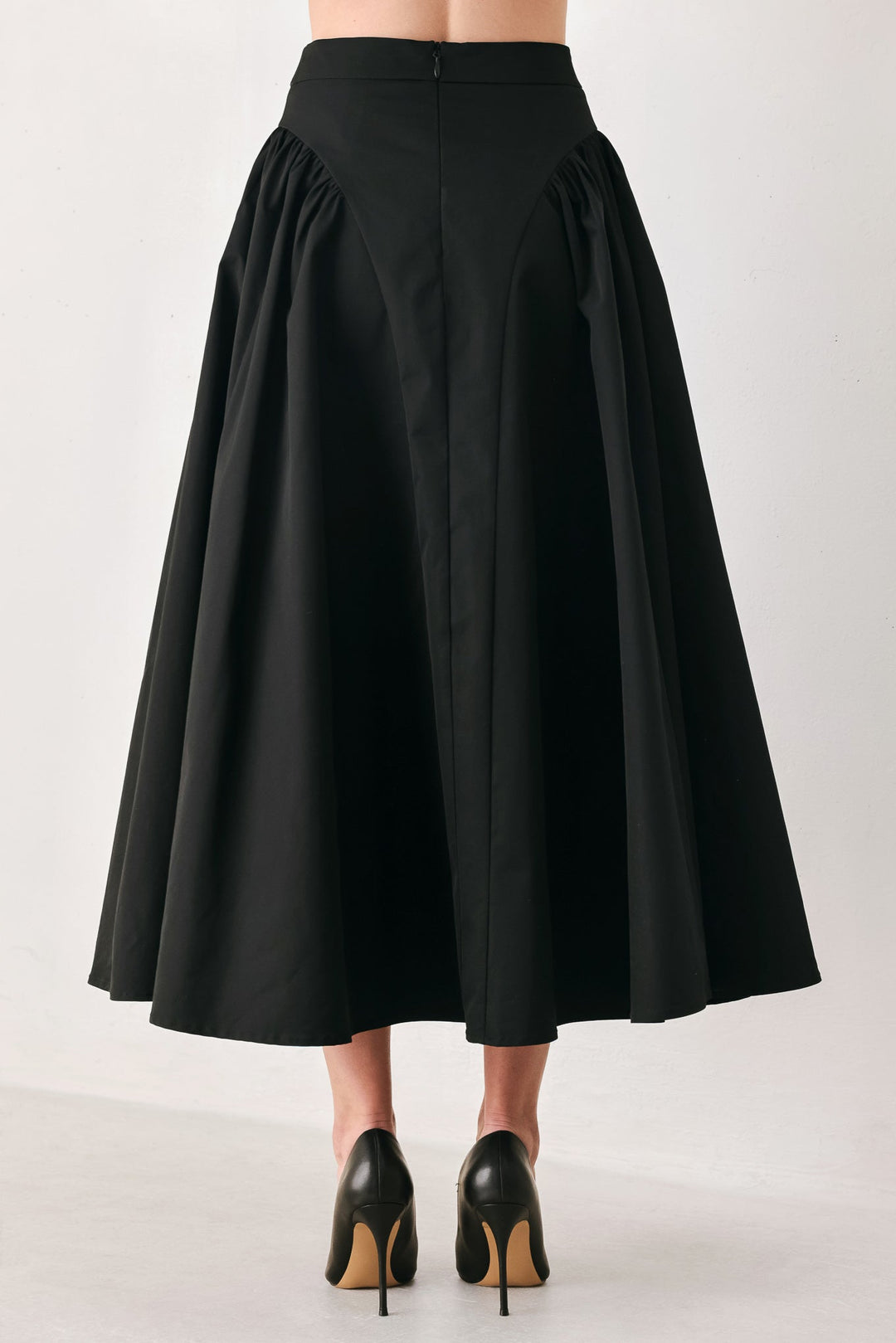 SCULPTED NOIR SHIRRED MIDI SKIRT
