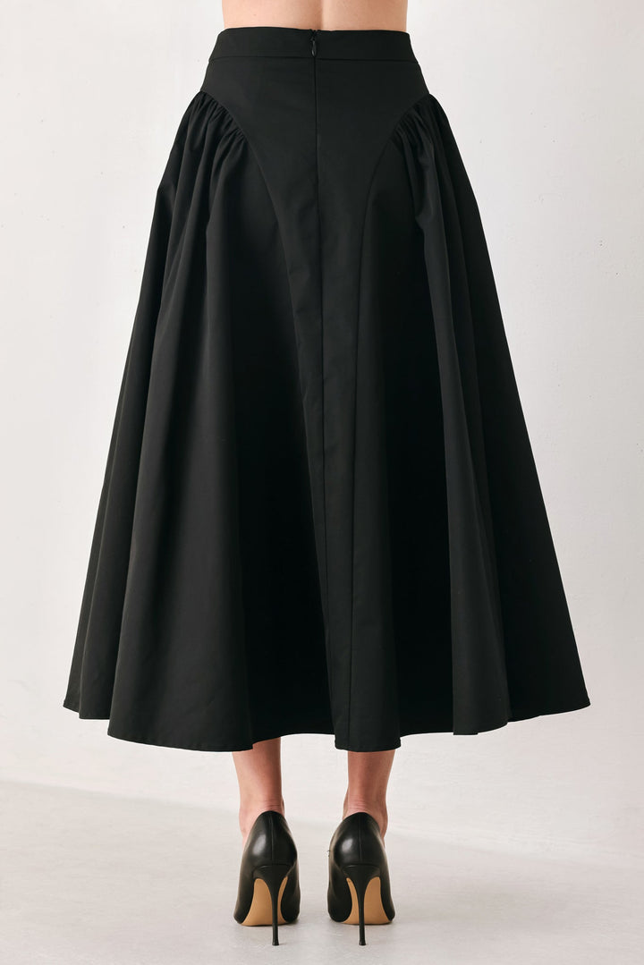 SCULPTED NOIR SHIRRED MIDI SKIRT