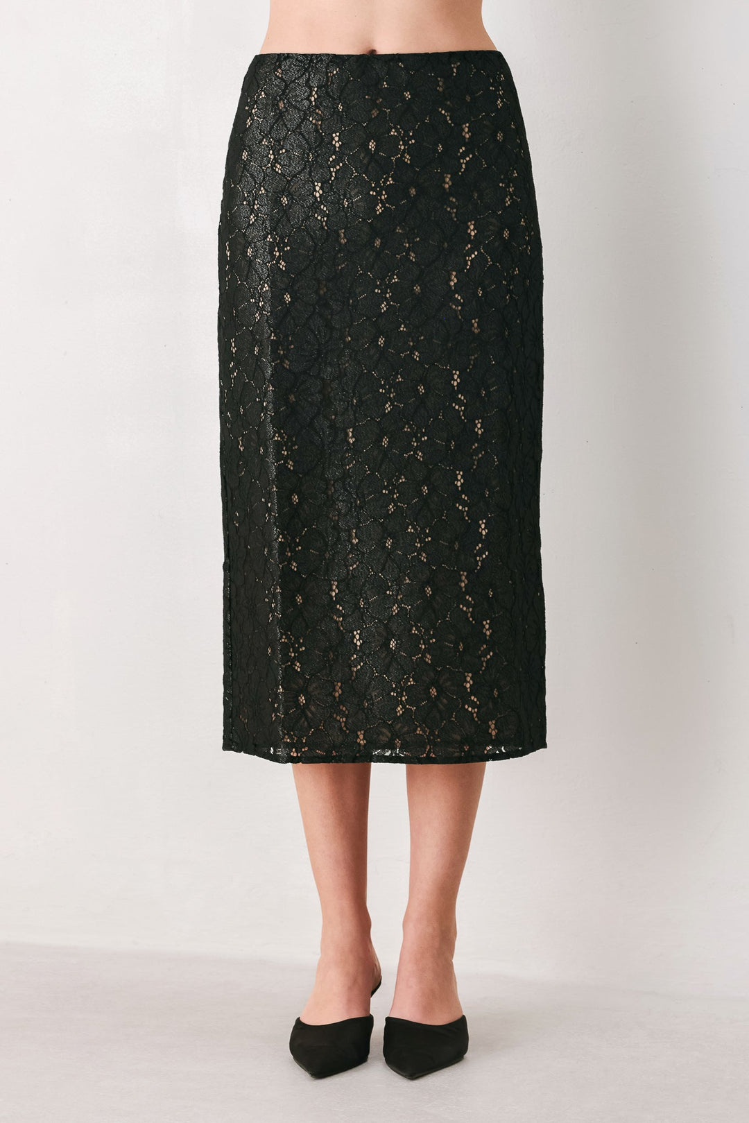 NOIR LACE AFFAIR BLACK/NUDE LACE PENCIL SKIRT