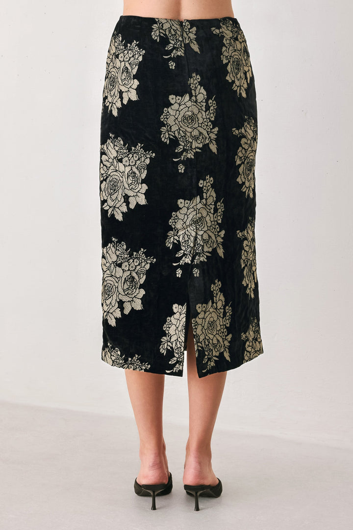 GILDED VELVET BLACK/GOLD JACQUARD MIDI SKIRT