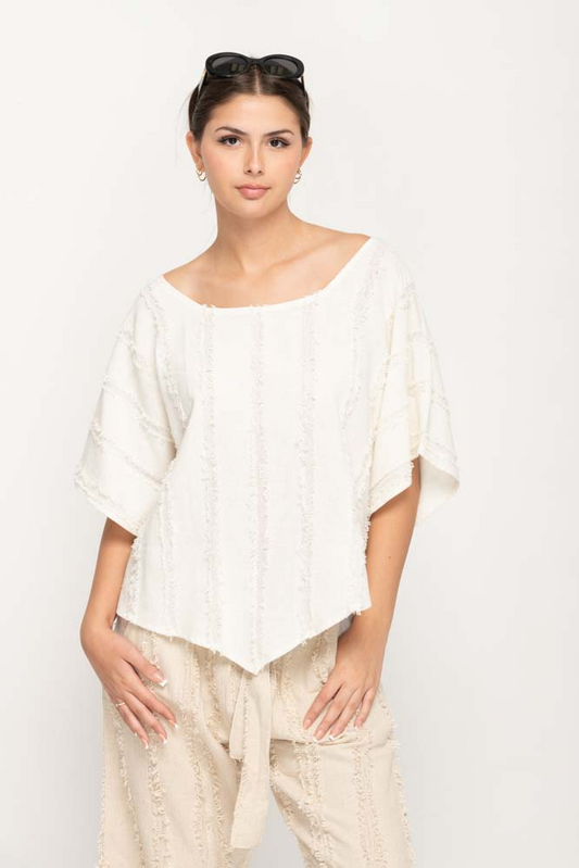 Asymmetrical Fringe Elbow Sleeve Top