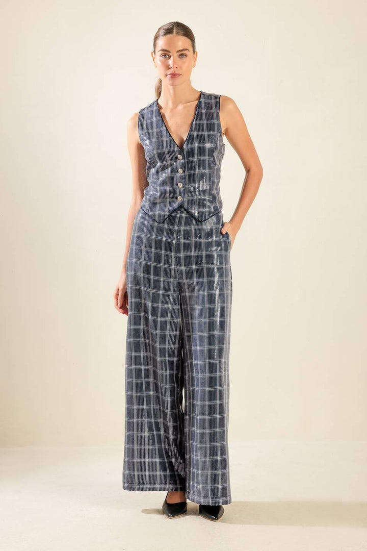 Traveling Far Navy Sequin Pants from KADOU Boutique